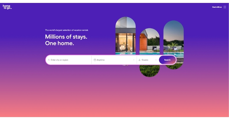 HomeToGo website with vibrant gradient background, bold tagline, high-quality imagery, and clean layout.