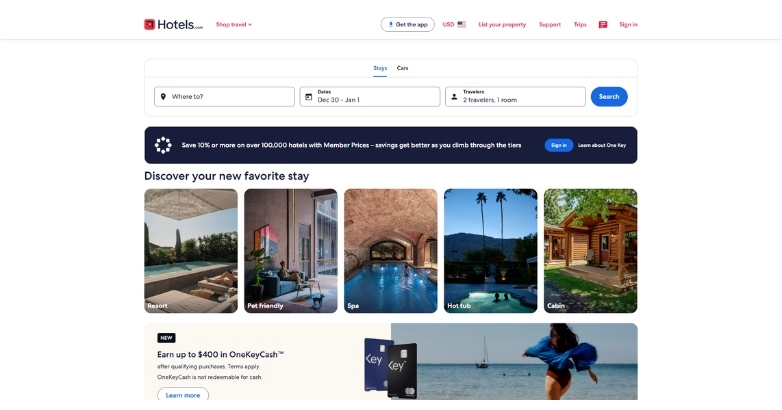 Hotels.com vacation rental website highlights search bar and member-exclusive discounts with clean and user-friendly design