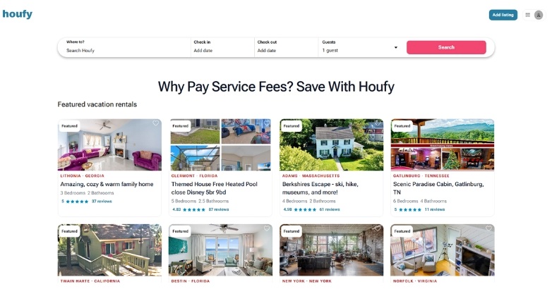 Houfy's vacation rental website design highlights bold tagline and prominent search bar with user-friendly and clean layout.