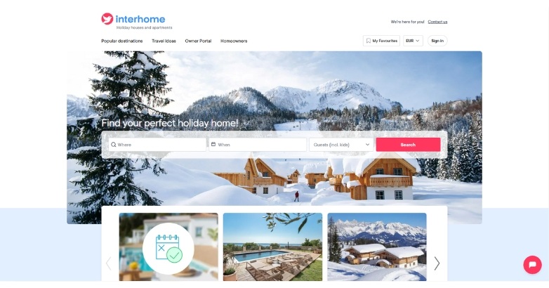 Interhome's website featuring winter landscape with simplicity layout, showcasing welcoming vibe and ideal for planning holiday retreats.
