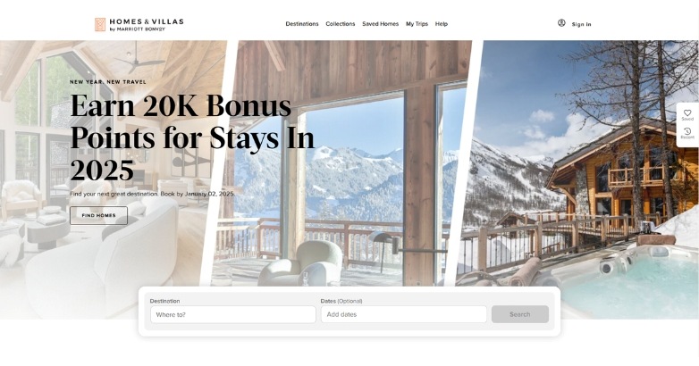 Marriott Homes & Villas website highlights bonus point promotions with high-quality imagery, booking system and luxury modern layout
