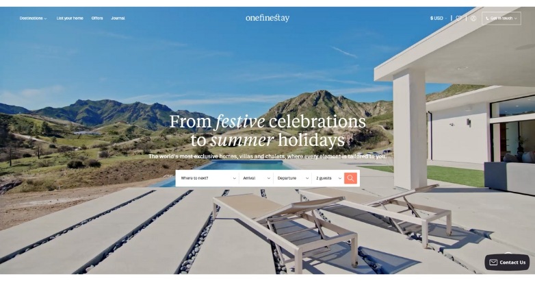 OneFineStay's website featuring refined tagline with minimalist search bar and stunning visuals.