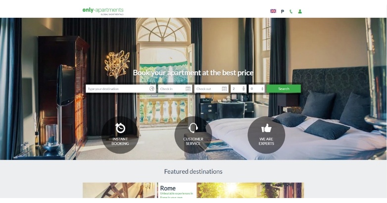Only-apartments website featuring central search bar and warm background image with simplicity and ease site layout.
