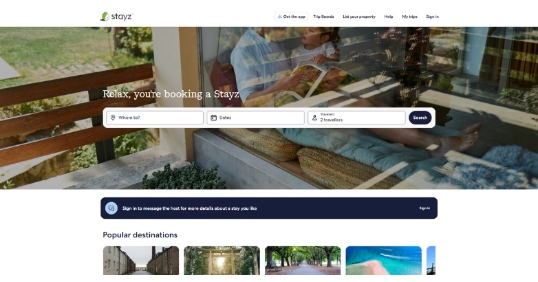 Stayz vacation rental website design highlights high-quality imagery and detailed search bar with simplicity layout