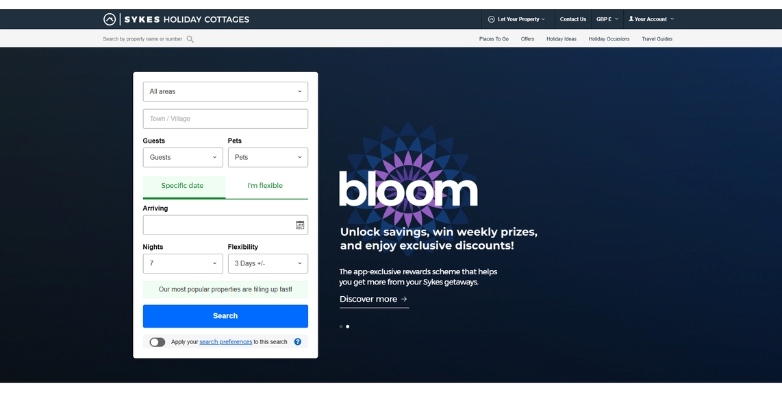 The website design of Sykes Holiday Cottages highlights aesthetic and cozy appeal with detailed search bar