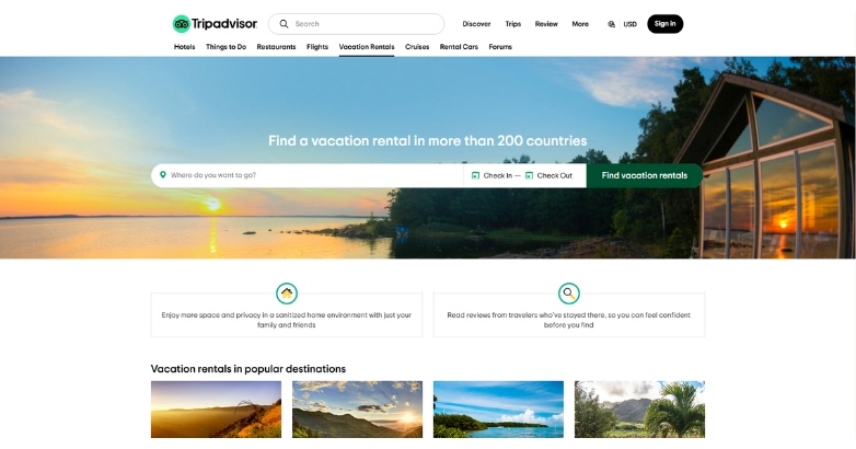 Tripadvisor’s website design with clean and minimalist navigation menu, creating seamless experience for travelers.