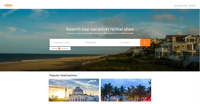 Tripping.com website with clean and efficient interface, showcasing sense of calm and wanderlust.