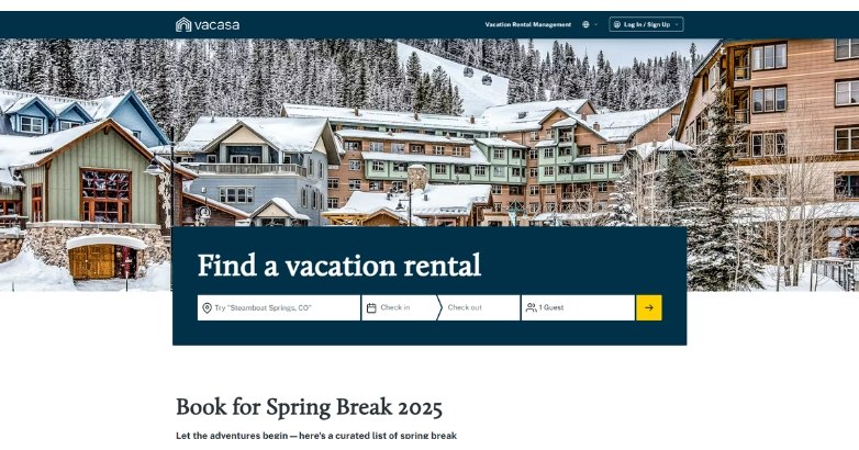 Vacasa vacation rental website featuring clean design with high quality imagery, search bar and user friendly layout.