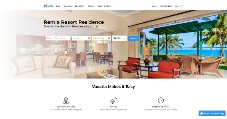 Vacatia's website features a vibrant resort image and straightforward search bar with elegance and functionality design