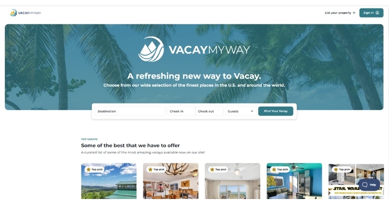 VacayMyWay website featuring tropical background image with vibrant and inviting site design