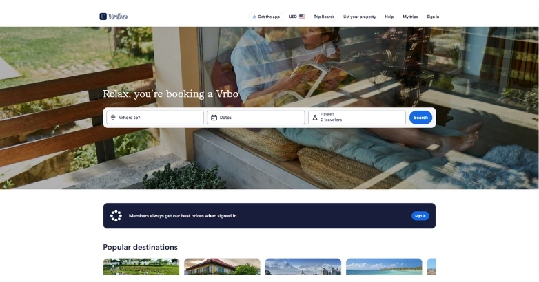The Vrbo website featuring high-quality visuals and search bar with user-friendly design
