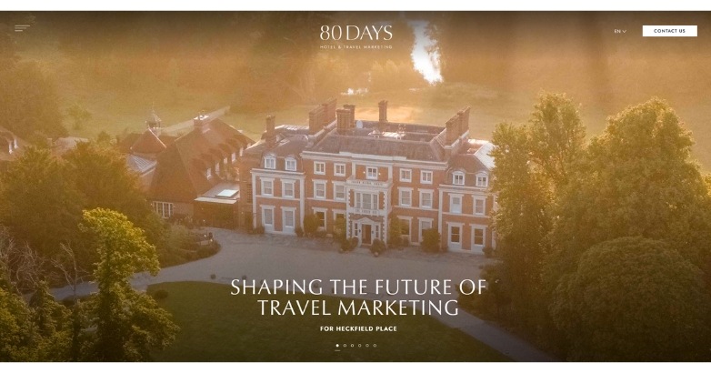 Conceptual image illustrating the future of travel marketing, featuring Eighty Days and leading hotel website design agencies.