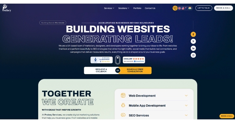 Website design interface showcasing services for hotel website creation by Probey Services.