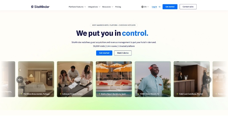 Hotel website displayed, showcasing design by SiteMinder, highlighting features and services offered by the hotel.
