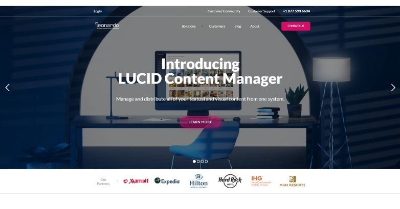 LUCID website representing a content management tool for hotel website design agencies, with modern design features.