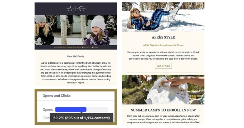 Aspen Luxury Concierge page featuring promotional content for tourism email marketing.