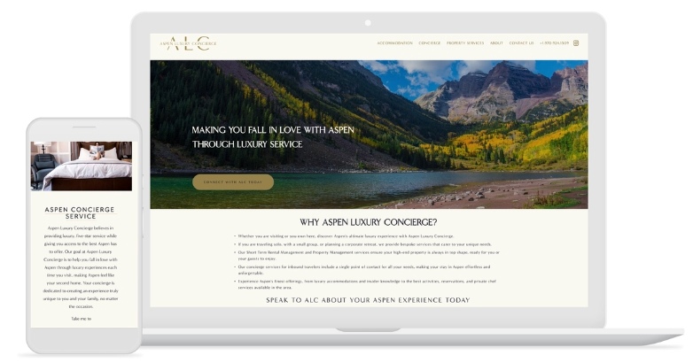 Display of the hotel website on a laptop, tablet, and phone, featuring Aspen Luxury Concierge's example of success in tourism email marketing.