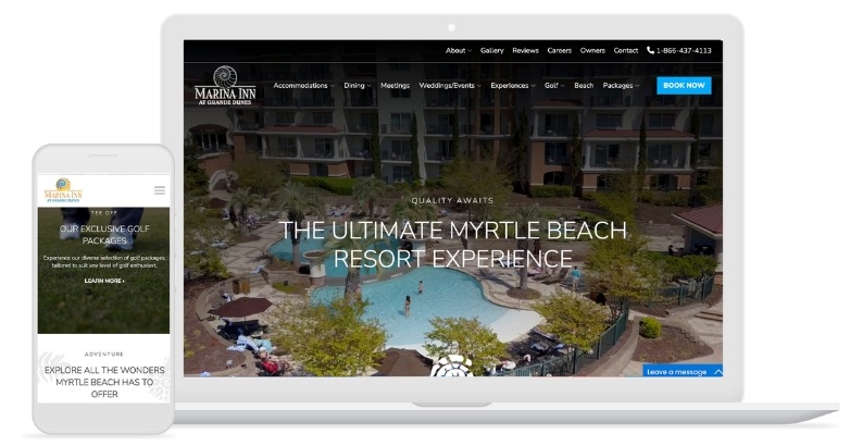 The Marina Inn website features stunning visuals of a premier virtual reality beach resort, enhancing digital marketing efforts.