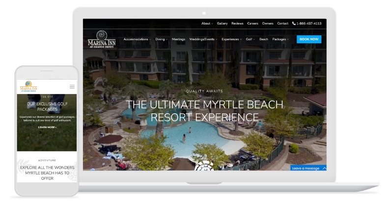 Website for Marina Inn, featuring an AI search engine for hotels and showcasing the ultimate vacation resort experience.