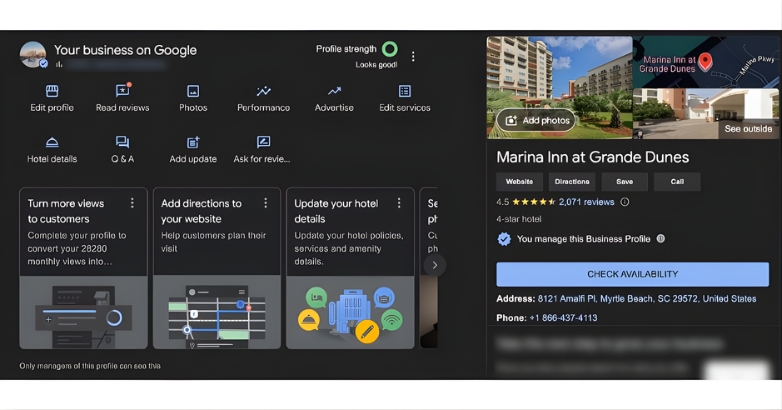 Google Business Profile displayed on a computer screen, highlighting digital marketing strategies for boutique hotels and local SEO.