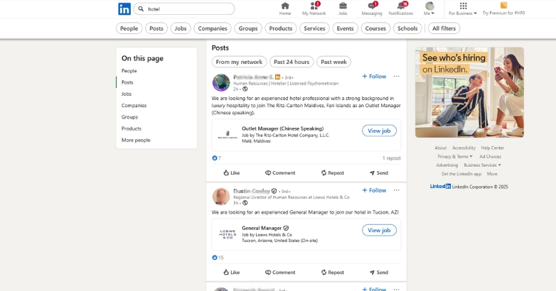 Search results page displaying hotels related to LinkedIn, showcasing the social media for hotels.