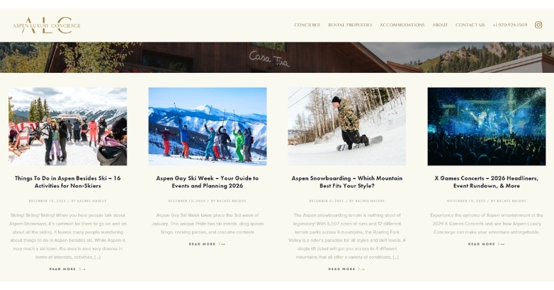 Aspen Luxury Concierge blog page, highlighting hotel website content marketing services to attract and engage potential guests.