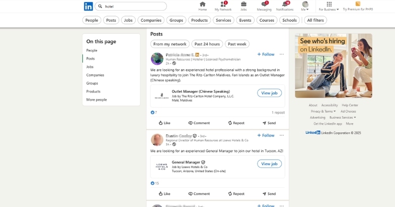 Search results page displaying hotels related to LinkedIn, showcasing the social media for hotels.