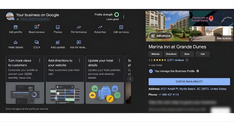 Google Business Profile displayed on a computer screen, highlighting digital marketing strategies for boutique hotels and local SEO.