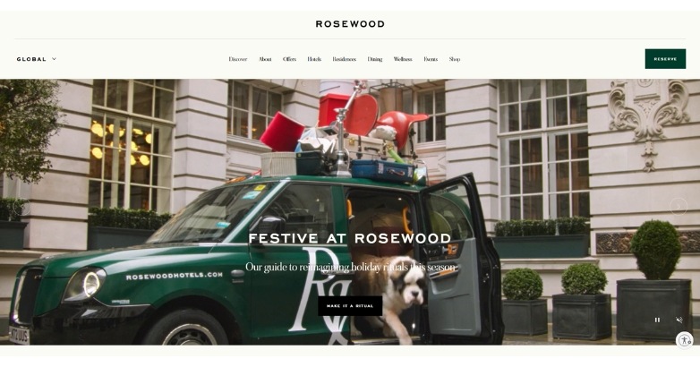 Website showcasing luxury hotel chains, including Rosewood Hotels & Resorts.