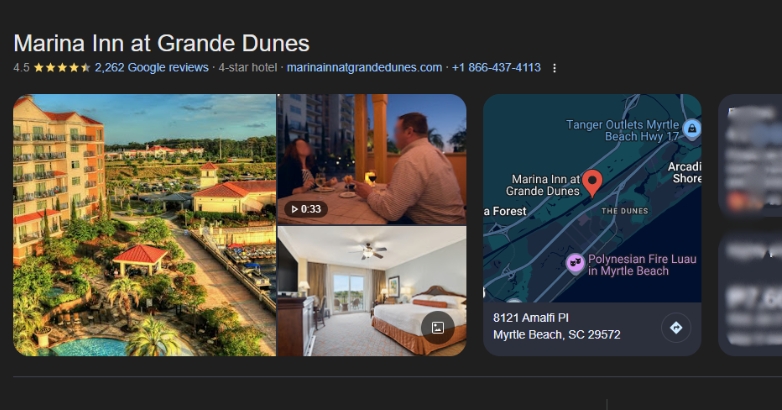The Marina Inn at Grande Dunes, featuring a visual representation of hotel marketing KPIs, online ratings, and guest reviews.