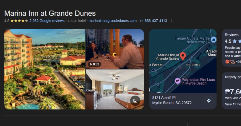 The Marina Inn at Grande Dunes, highlighting user-generated content and reviews for hotel promotional efforts.
