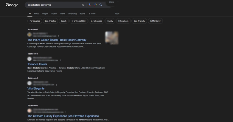 Search results from Google featuring best hotels California related to Pay-Per-Click advertising.
