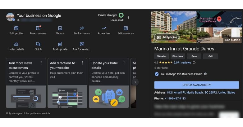 Computer screen showing the Google app, focused on strategies for enhancing hotel marketing via Google Business Profile.