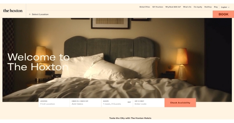 The Hoxton hotel website highlighting innovative design trends in the hospitality industry.