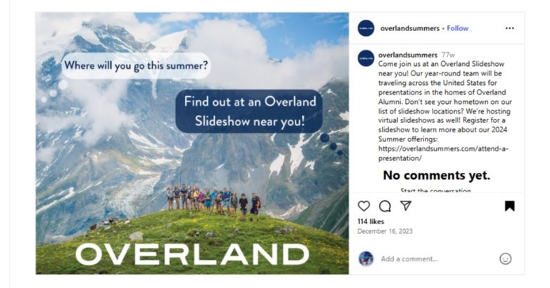 Overland travel-themed Instagram post with insights on native advertising strategies for travel campaigns.