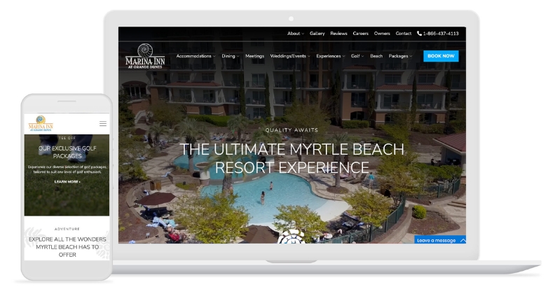 Website design for Marina Inn, showcasing the ultimate vacation resort experience and modern hotel features.