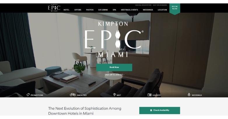 Epic Hotel Miami's custom website design, highlighting elegant features and inviting atmosphere for guests.