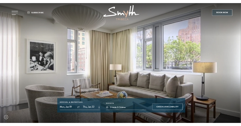 Hotel website design for Smyth Tribeca displaying a cozy couch and chair in a sophisticated environment.