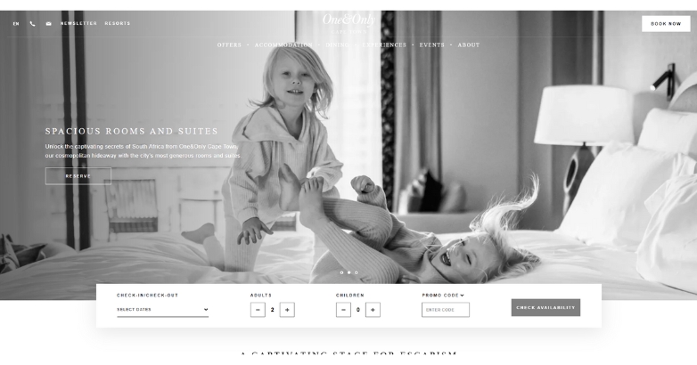 One & Only Cape Town hotel website design, featuring a sophisticated layout and inviting visuals for guests.
