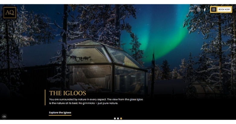 Gloos hotel website showcasing custom design for Aurora Queen Resort in Finland, highlighting its unique features.