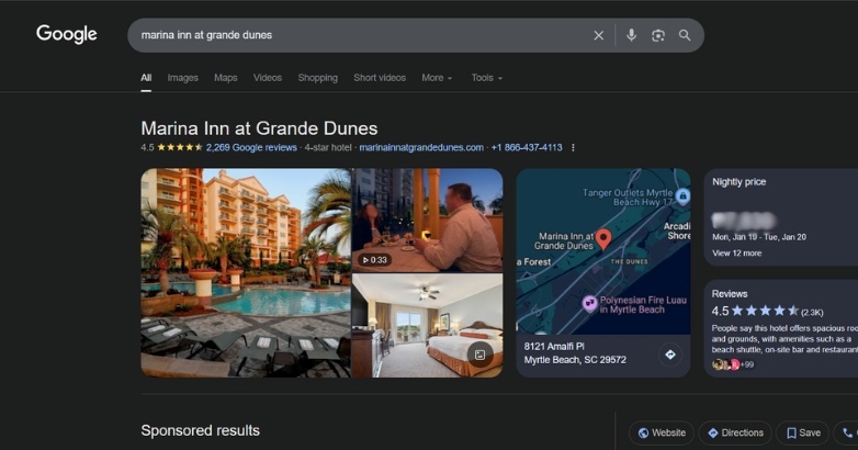 Google search interface showcasing hotel and resort listings, emphasizing optimized branding for better visibility.