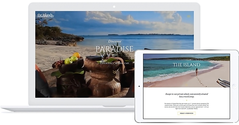 Website design for Musha Cay displayed on a tablet and laptop, showcasing hospitality marketing trends.