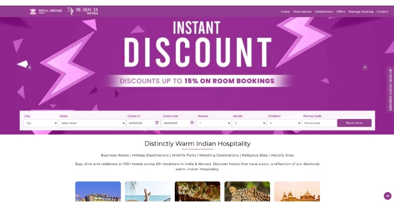 The Royal Orchid Hotel website homepage features large scale imagery, bold headline and booking system with professional website design