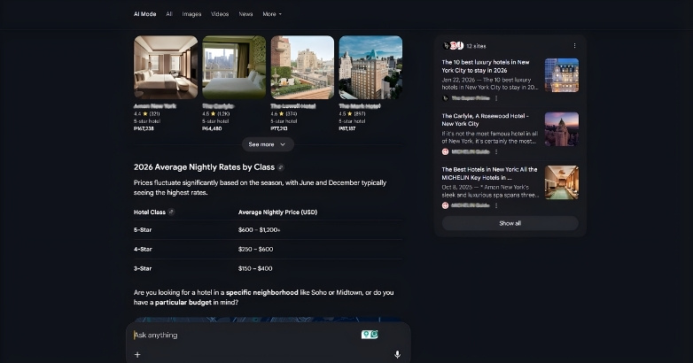 Booking page for hotels on a black background, addressing the problem of inconsistent business info affecting AI travel recommendations.
