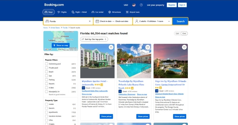 Booking page for hotels featuring a blue background, emphasizing the absence of certain listings in AI travel platforms.