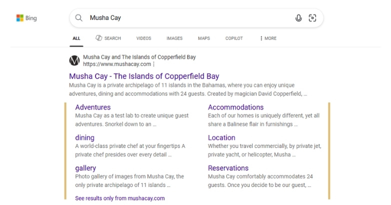 A Google search page displaying the Musha Cay - The Islands of Copperfield Bay, focusing on AI travel recommendations and hotel optimization challenges.