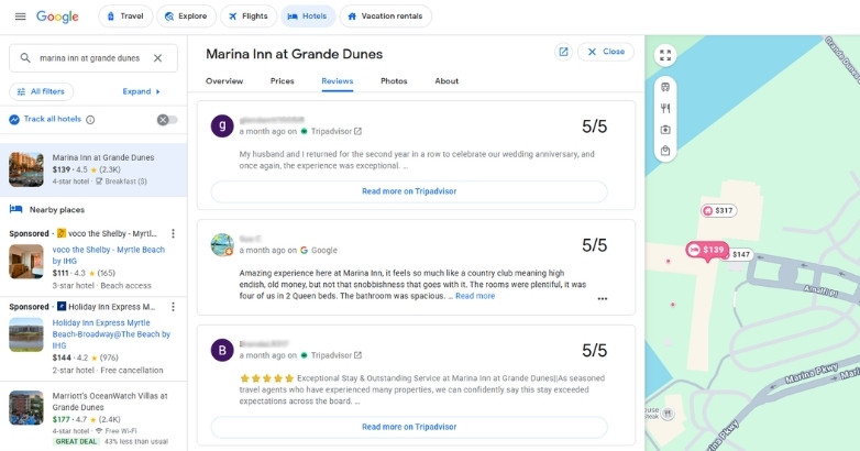 Google Maps showing a hotel’s location, connected to the discussion on how reviews influence AI recommendations.