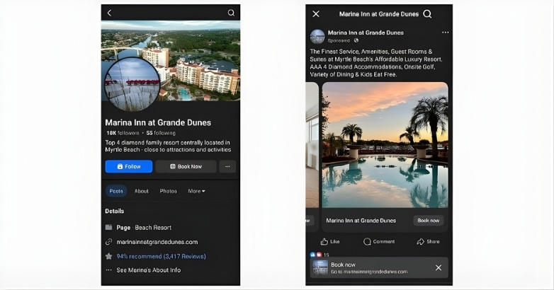 Two screens displaying various social media platforms, highlighting hotel ad campaigns and paid social media strategies.
