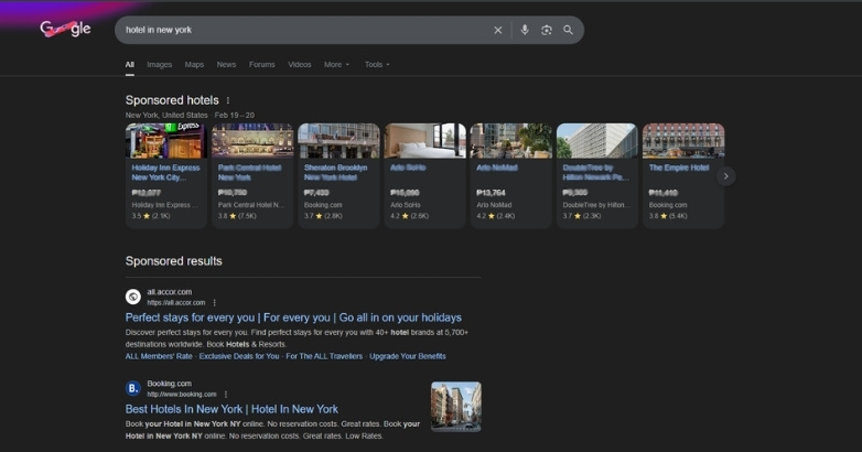 Search result page of the hotel in New York featuring luxury hotel advertising campaigns.