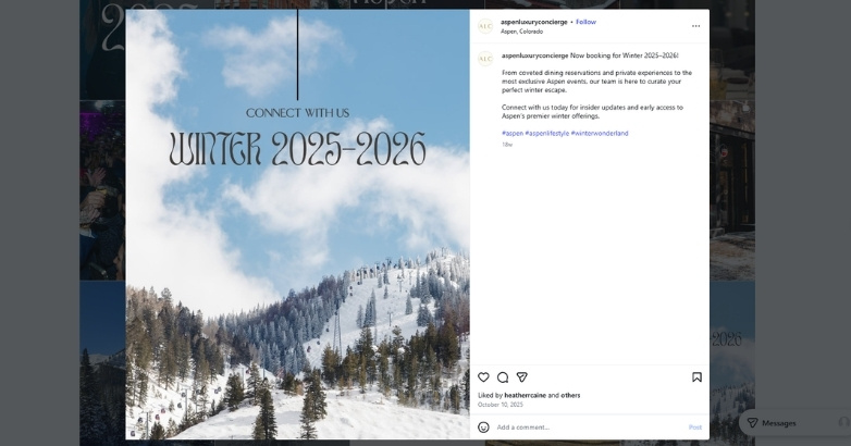 Screenshot of a posts displaying Instagram ads for hotels, featuring a photo of a ski slope in the background.